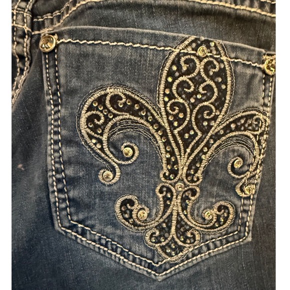 Miss Me Denim - Miss Me JE6033GL Skinny Jeggings Dark Wash Fleur De Lis Rhinestone Jeans 28